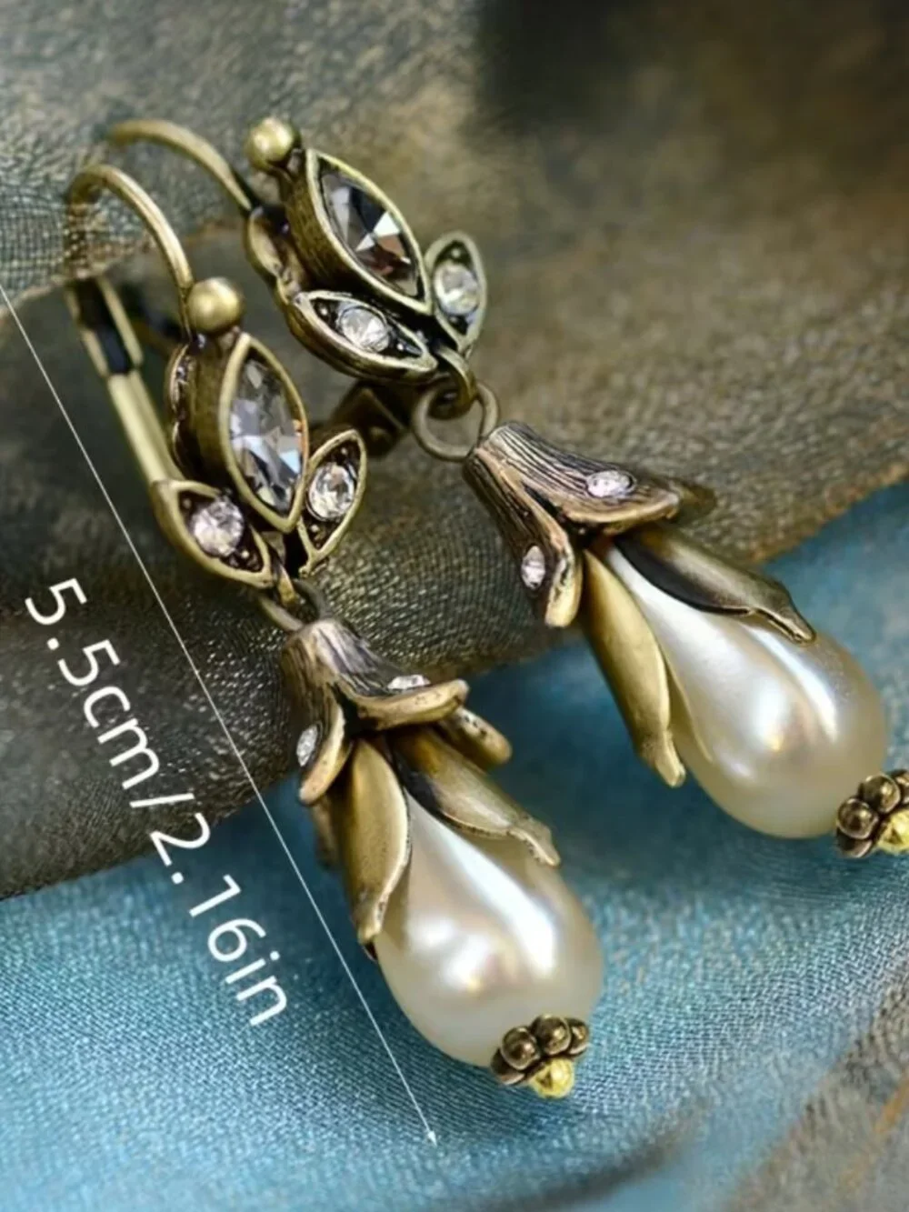 Victorian Drop Earrings Floral Lily Pearl Pendant Leaf Bronze Antiqued Metal
